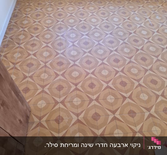 רצפה עם אריחים מעוצבים, ללא כלי ניקוי נראים לעין